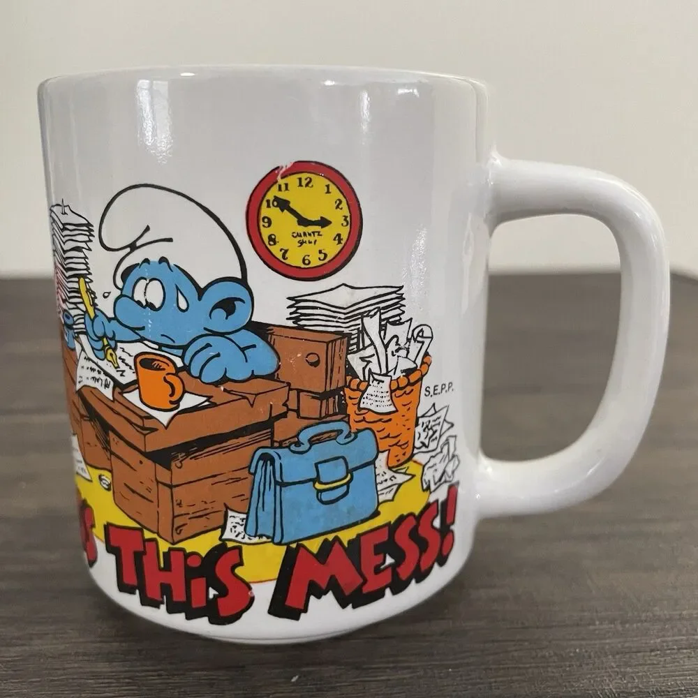 1981 Smurf Coffee Mug Cup BLESS THIS MESS Wallace Berrie Work Job Stress Vintage